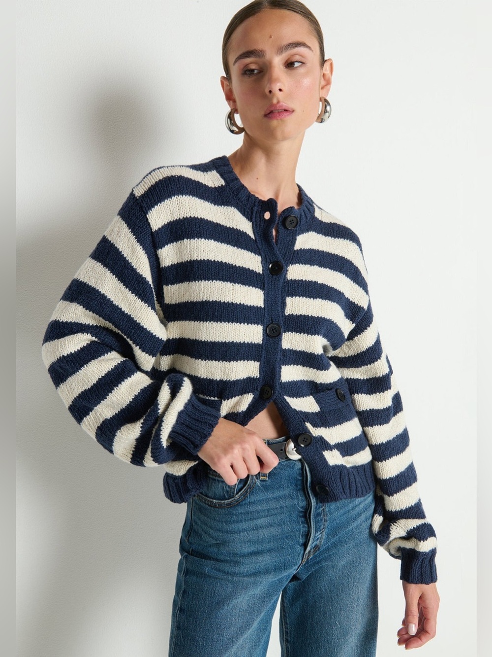 NATION LA $288 Tessa Cardigan - Marine Striped